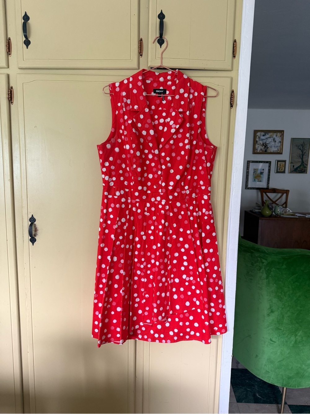 DKNY Red and White Polka Dot Sleeveless Dress WITH POCKETS